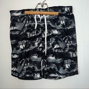 Merona Mens Swim Shorts, Black & Gray Palm Tree Print, Drawstring/Velcro Size L